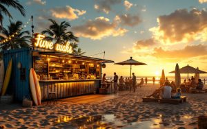 Bar de plage saisonnier aménagé dans un conteneur maritime reconverti, ouvert sur le sable au coucher du soleil ; lumière dorée volumétrique, textures métal et bois patiné, guirlandes lumineuses, planches de surf et clients détendus, reflets doux sur le sable humide.