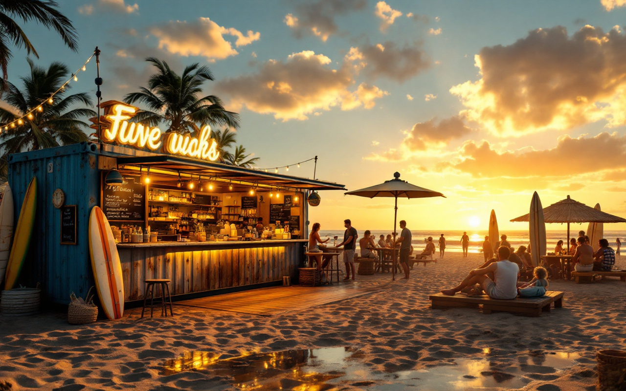 Bar de plage saisonnier aménagé dans un conteneur maritime reconverti, ouvert sur le sable au coucher du soleil ; lumière dorée volumétrique, textures métal et bois patiné, guirlandes lumineuses, planches de surf et clients détendus, reflets doux sur le sable humide.