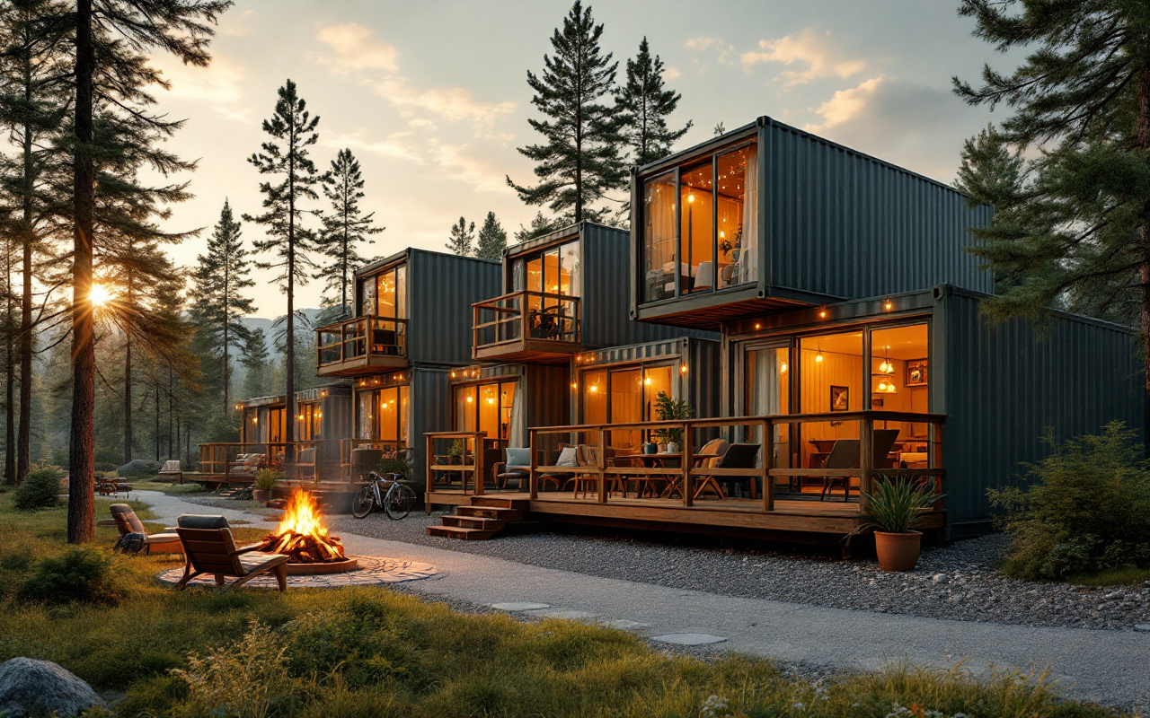 Village modulaire de containers aménagés en hébergements touristiques dans un camping, containers empilés avec terrasses en bois, guirlandes lumineuses et feu de camp, vélos stationnés, pins et invités au coucher de soleil, lumière dorée volumétrique.