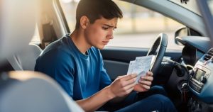 Conducteur malussé examinant ses papiers d'assurance auto dans sa voiture