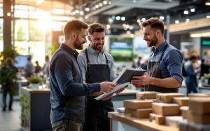 Équipe commerciale agricole dans un salon international, installant un stand professionnel avec des valises et des supports de communication.