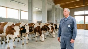 Un éleveur observe calmement un troupeau de bovins dans une exploitation moderne, lumineuse et professionnelle.