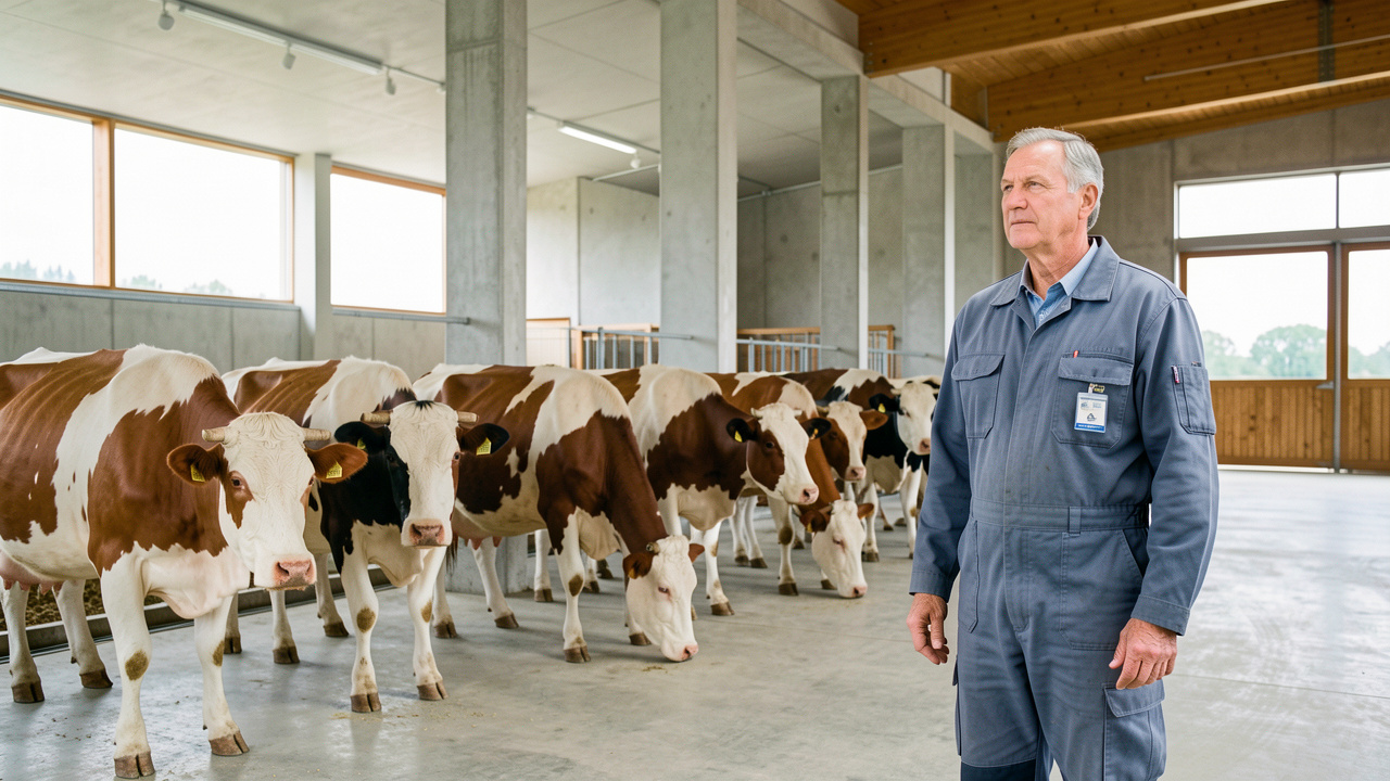 Un éleveur observe calmement un troupeau de bovins dans une exploitation moderne, lumineuse et professionnelle.
