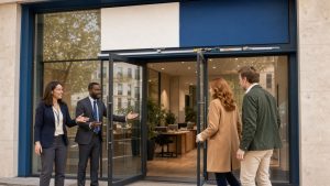 Façade moderne d’une agence immobilière française avec une enseigne vierge en cours de transformation, deux conseillers accueillant deux clients dans une ambiance professionnelle.