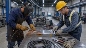 Deux hommes équipés de protections travaillent et contrôlent une soudure précise dans un atelier industriel moderne.